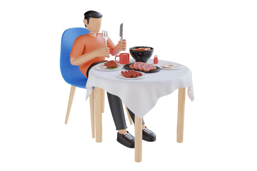 3D Illustration of man is having lunch with chopsticks, grilled chicken, soup, eggs, and sausages. have lunch 3D Illustration png