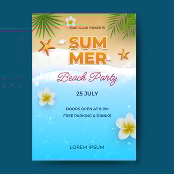 summer beach party. beautiful beach design with tropical flowers and leaves vector