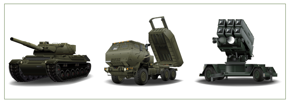 Military vehicles SET. HIMARS, Main battle tank, Air defense system in realistic style. Detailed PNG colorful illustration.