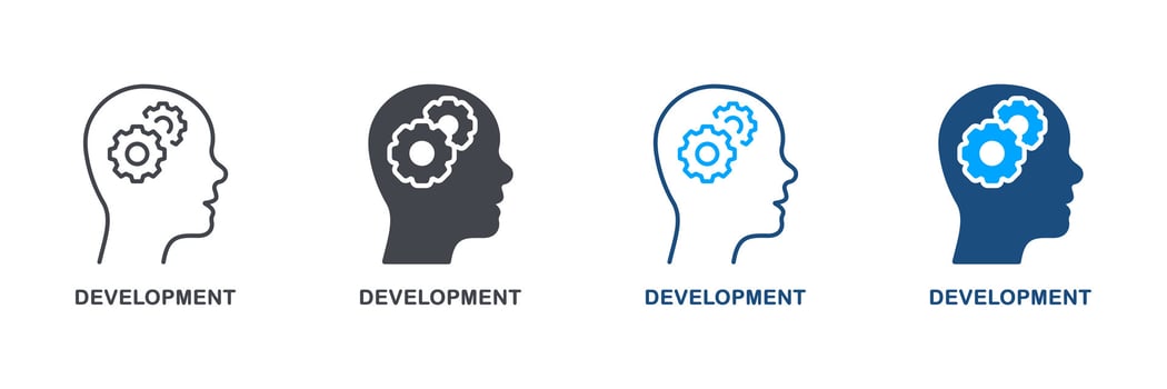 Brain and Cog Wheel Development Silhouette and Line Icon Set. Human Head with Gear Brainstorm, Intellectual Process Pictogram. Education Development Symbol Collection. Isolated Vector Illustration.