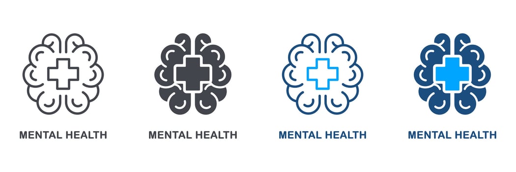 Mental Health Silhouette and Line Icon Set. Emotional Support Symbol Collection. Human Brain with Cross Shape, Medical Aid for Human with Psychological Disorder. Isolated Vector Illustration.