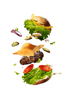 Tasty flying hamburger isolated on transparent background png