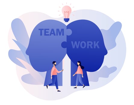Business, teamwork concept. Human heads puzzle. Mutual understanding. Knowledge, psychology, memory, logic. Mental health. Modern flat cartoon style. Vector illustration on white background
