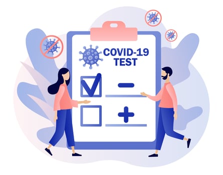 Coronavirus Covid-19 testing. Patient receiving Covid-19 rapid test. Tiny doctor or nurse doing Coronavirus PCR test. Positive or negative testing result. Modern flat cartoon style.Vector illustration vector