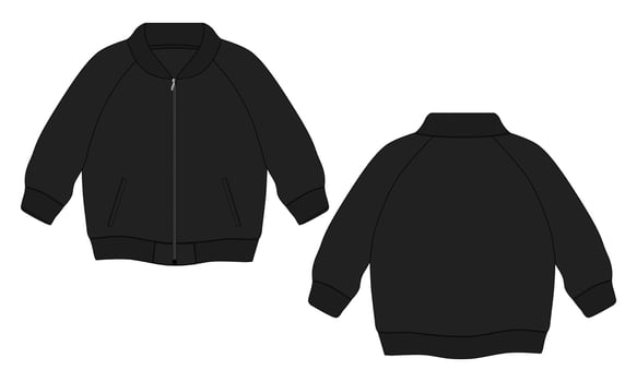 Long sleeve jacket with pocket and zipper technical fashion flat sketch vector illustration black color template front and back views. Fleece jersey sweatshirt jacket for men's and boys.