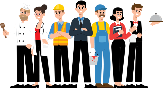 Group of People in different Professions. Businessman, Construction worker, Female Doctor,Teacher, Waiter, Chef Cartoon illustration. png