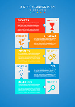 infographic 5 steps business plan success vertical template Multi colored squares, colored icons on white background. white letters Blue gradient background. Design for marketing, product, project. vector