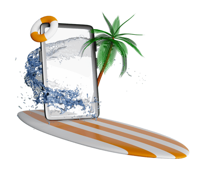 mobile phone or smartphone with water splash, palms, search magnifying, surfboard, lifebuoy isolated. online shopping, summer travel vacation concept, 3d render illustration png