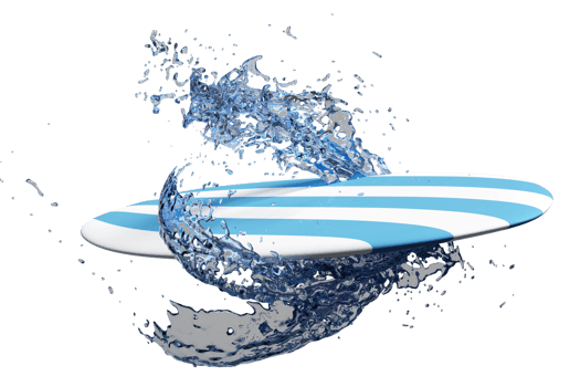 blue surfboard with water splash isolated. summer travel concept, 3d illustration or 3d render png