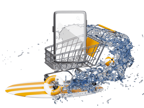 mobile phone or smartphone with shopping carts, basket, water splash, lifebuoy, surfboard isolated. online shopping, summer travel vacation concept, 3d illustration or 3d render png
