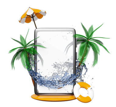 mobile phone or smartphone with water splash, palms, search magnifying, umbrella, lifebuoy isolated. online shopping, summer travel vacation concept, 3d render illustration png