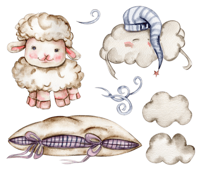 Watercolor hand drawn cute white fluffy sheep, clouds and soft pillows. png