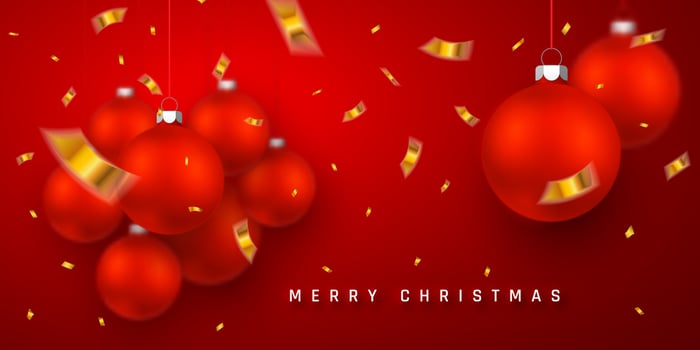 Merry Christmas or New Year greeting card. Holiday background with realistic red Christmas balls and gold confetti. Vector illustration