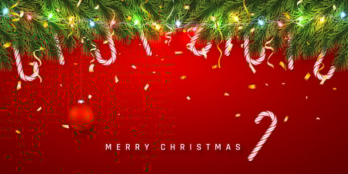 Festive Christmas or New Year Background. Christmas Tree Branches with candy cane and light garland. Holiday Background. Vector illustration