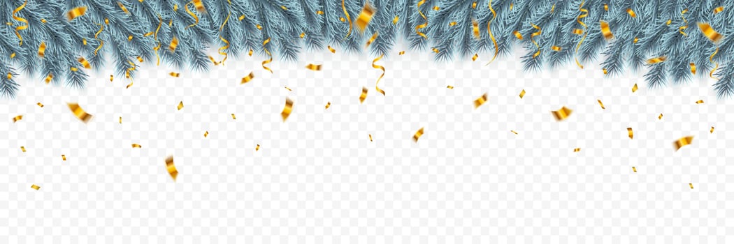 Festive Christmas or New Year Background. Christmas firtree branches with confetti. Holiday's Background. Vector illustration