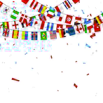 Colorful flags garland of different countries of the europe and world with confetti. Festive garlands of the international pennant. Bunting wreaths. Vector banner for celebration party, conference