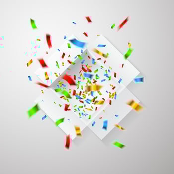 Open white gift box and confetti box top view. Christmas background. Vector illustration