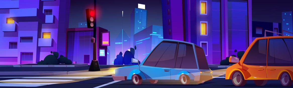 Night city road red traffic light and stop car vector