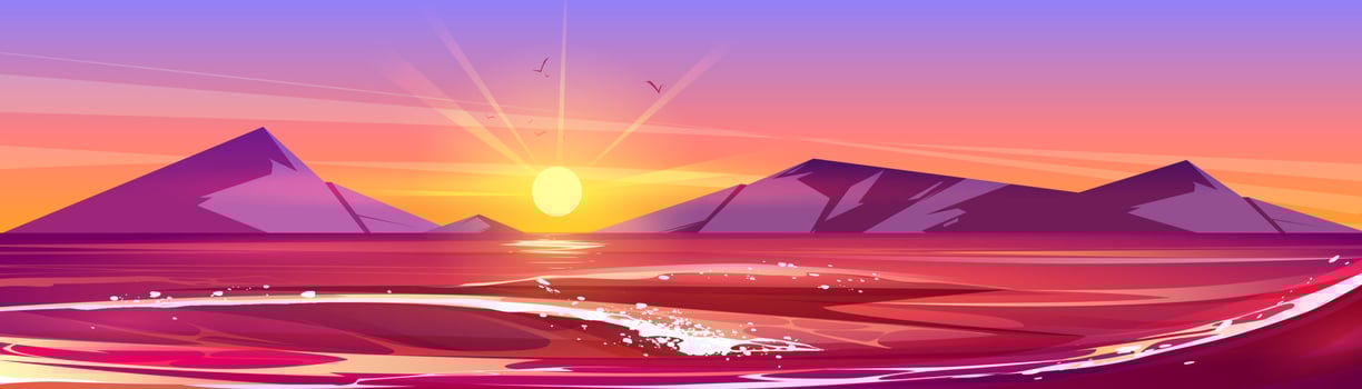 Sea landscape with sun in sky on horizon at sunset vector
