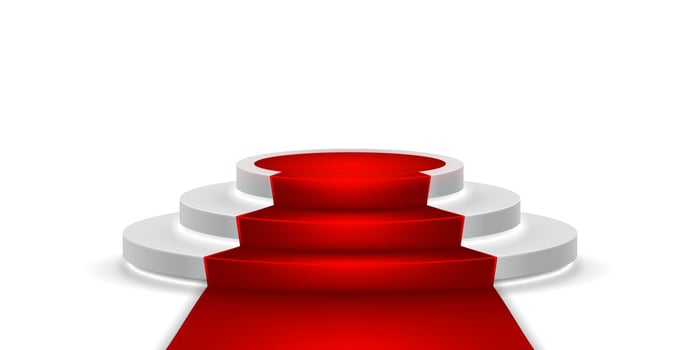 Round stage podium. Stage vector backdrop. Festive podium scene with red carpet for award ceremony. Vector illustration