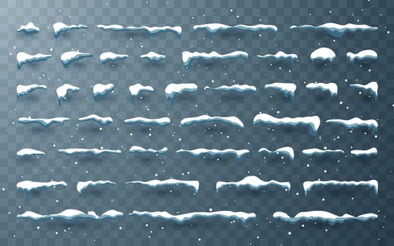 Snow caps, snowballs and snowdrifts set. Snow cap vector collection. Winter decoration element. Snowy elements on winter background. Cartoon template. Illustration