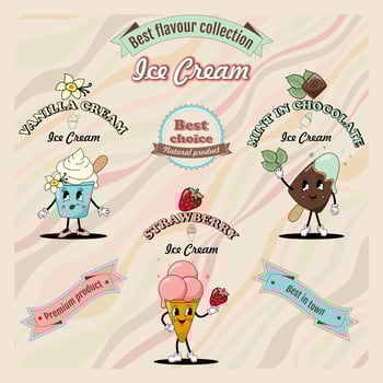 Set of cute 70s hippie ice cream characters and elements to create package design, menu, signboard, cover, poster. vector