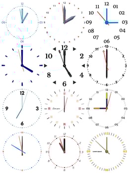 A set of different mechanical clocks with an image of each of the twelve hours. Clock face on white background. vector