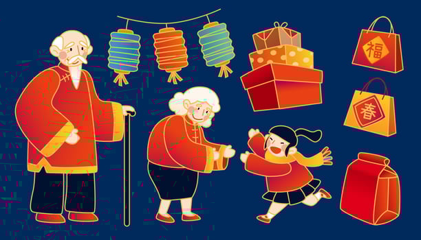 Set of Chinese new year elements, isolated on navy blue background, Translation, Good fortune, Spring vector