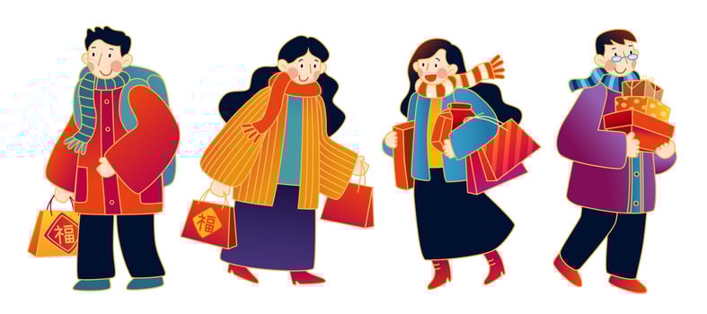 Set of Asian people holding shopping bags and gift boxes, isolated on white background, Translation, good fortune vector