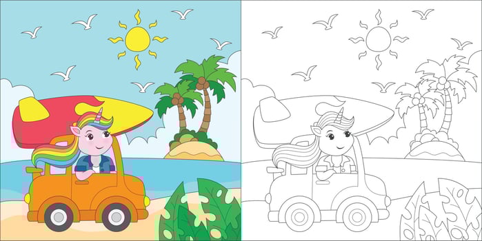 coloring unicorn on the beach vector