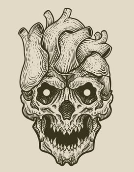 illustration heart skull with vintage engraving style on black background vector