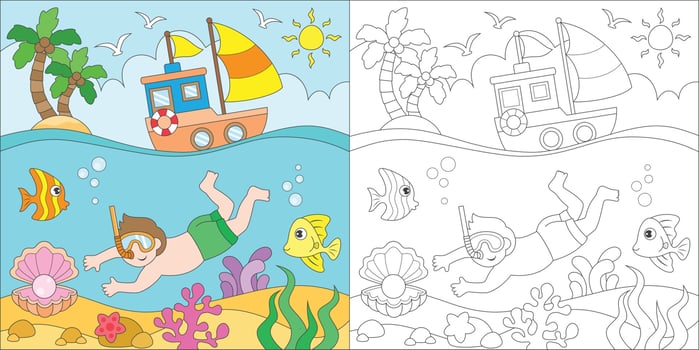 coloring boy swimming vector