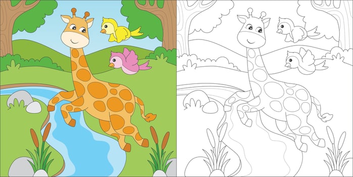coloring giraffe jumping on the river vector