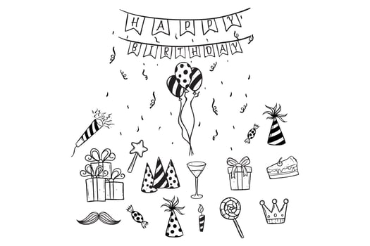 set of doodle birthday party elements vector
