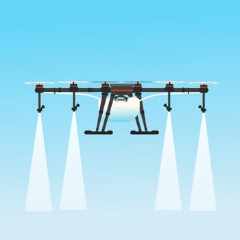 Drone spraying pesticides and fertilizers flat vector illustration