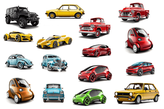 Image for decoration of transportation system.set of cars, various transportation system, motorcycle, truck, tractor, sports car, vintage car on a transparent background png