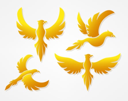 Flying Birds Gold Color Sign Set, Vector Illustration