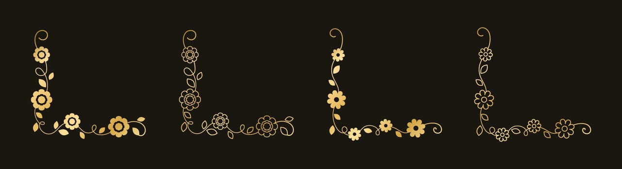 Set of gold floral corner borders. Golden spring flower page decoration vector illustration.