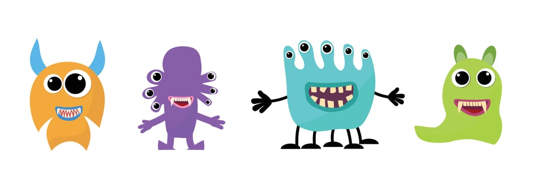 Cartoon monster collection. Crazy cute monsters different comic character. Set funny alien or bacteria or caries colorful vector isolated illustration.