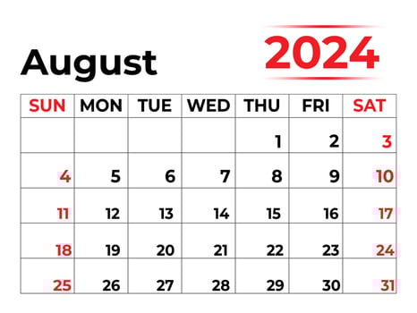 August 2024 monthly calendar with very clean look, week starts from Sunday vector