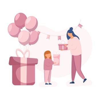 Mom and daughter celebrating birthday. Characters standing near birthday gift box and balloons. Happy birthday concept. vector