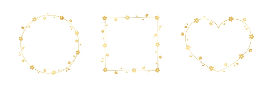 Golden Floral Frame Set. Botanical border template, flourish design element for wedding, greeting card. vector