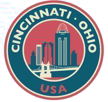 Badge, label or stamp with Cincinnati skyline, vector illustration