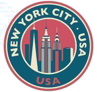 Badge, label or stamp with New York City skyline, vector illustration