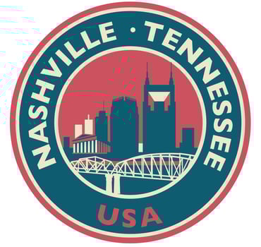 Badge, label or stamp with Nashville skyline, vector illustration