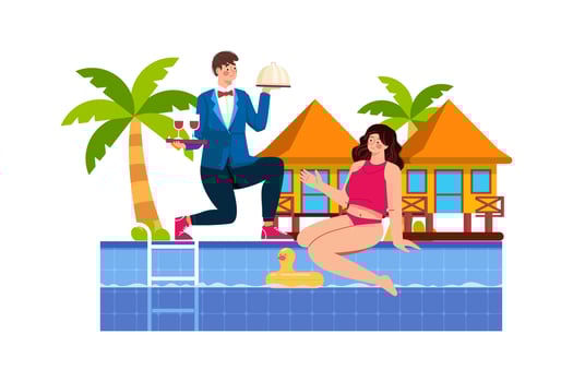 Beach resort staff serving cocktails and snacks by the pool. vector