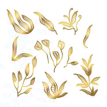Golden Floral Vector Illustration with Line Style. Luxury Hand Drawn Flowers