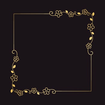 Gold floral square frame. Elegant line border, leaves and flowers, wedding invitation and cards, logo design and posters template. Simple minimal style botanical vector art.