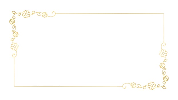 Gold floral rectangle frame. Simple line border, leaves and flowers, wedding invitation and cards, logo design and posters template. Elegant minimal style floral vector isolated