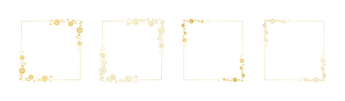 Botanical gold square frame set. Simple line border, leaves and flowers, wedding invitation and cards, logo design and posters template. Elegant minimal style floral vector isolated